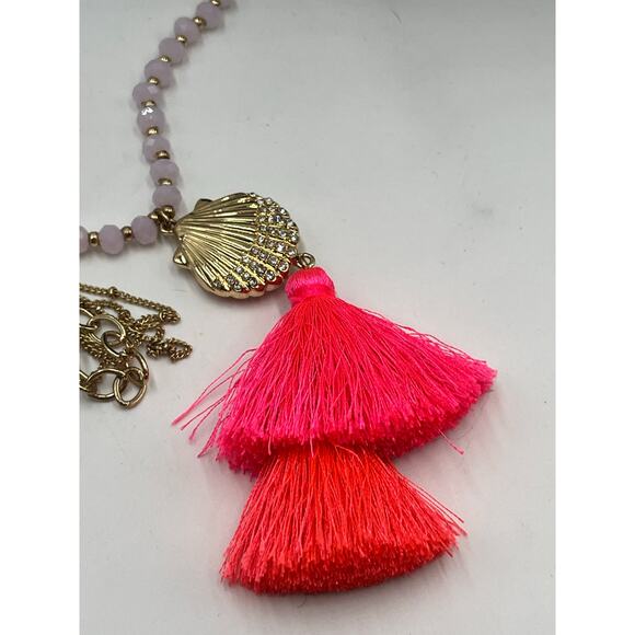 Lilly Pulitzer Gold‎ Pave Shell Pink Beaded Vibrant Bright Tassel Long Necklace - Picture 10 of 10